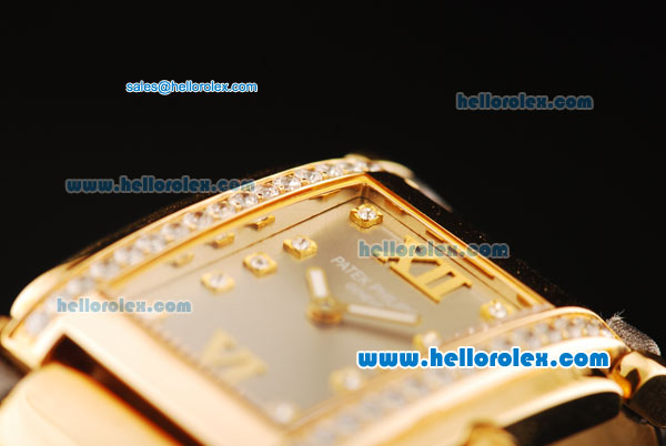 Patek Philippe Ref.4910 Swiss ETA Quartz Movement Gold Case with Diamond Bezel/Markers and Grey Strap -Lady Model - Click Image to Close